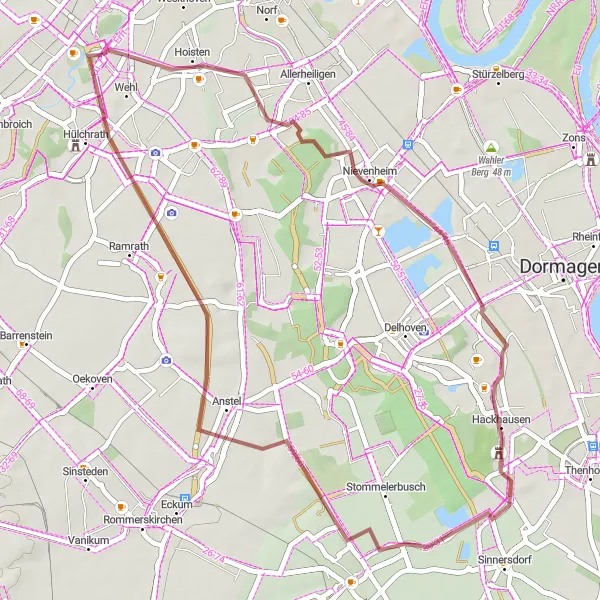 Map miniature of "Rosellen - Hackhausen - Helpenstein Gravel Route" cycling inspiration in Düsseldorf, Germany. Generated by Tarmacs.app cycling route planner