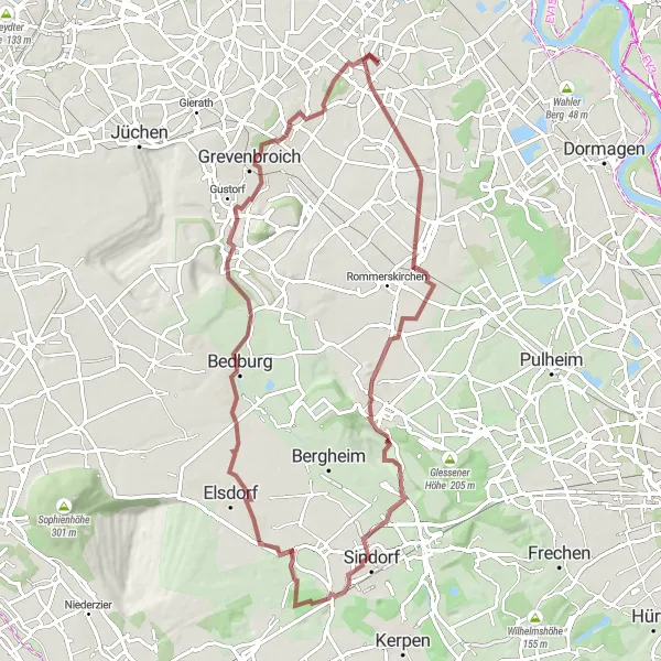 Map miniature of "Gravel Adventure in Neubrück and Beyond" cycling inspiration in Düsseldorf, Germany. Generated by Tarmacs.app cycling route planner