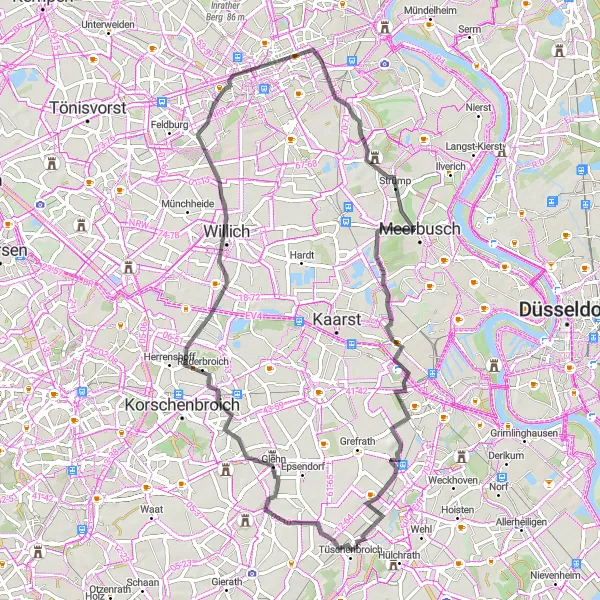Map miniature of "Damm - Krefeld - Strümp - Furth-Mitte - Neubrück Road Route" cycling inspiration in Düsseldorf, Germany. Generated by Tarmacs.app cycling route planner
