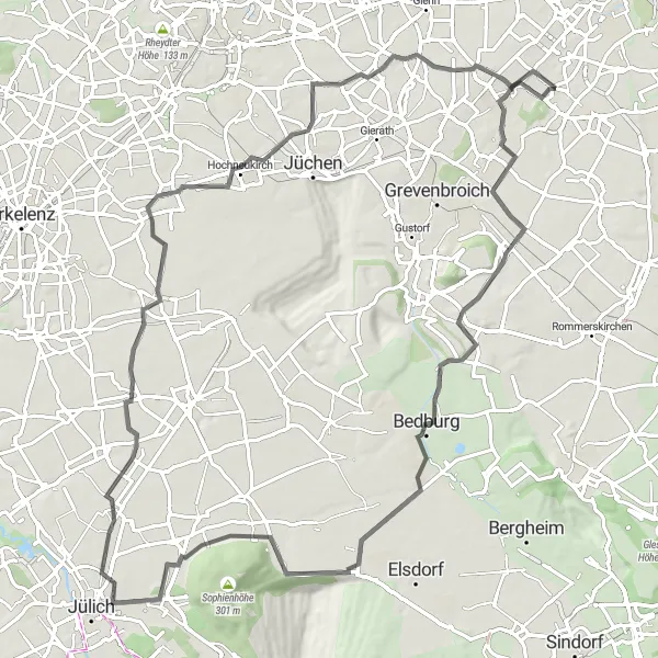 Map miniature of "Katholisches Pfarrhaus - Bedburg - Tagebau Hambach - Lich-Steinstraß - Gevelsdorf - Tagebau Garzweiler - Gruissem Road Route" cycling inspiration in Düsseldorf, Germany. Generated by Tarmacs.app cycling route planner