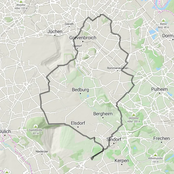 Map miniature of "Widdeshoven - Oberaußem - Burg Stommeln - Forum :terra nova - Kalrath - Kapellen Road Route" cycling inspiration in Düsseldorf, Germany. Generated by Tarmacs.app cycling route planner