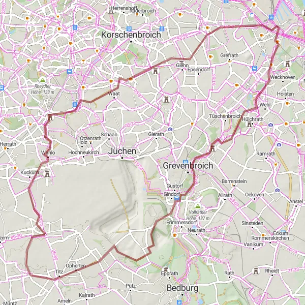 Map miniature of "Grevenbroich to Giesenkirchen via Titz and Schloss Wickrath" cycling inspiration in Düsseldorf, Germany. Generated by Tarmacs.app cycling route planner