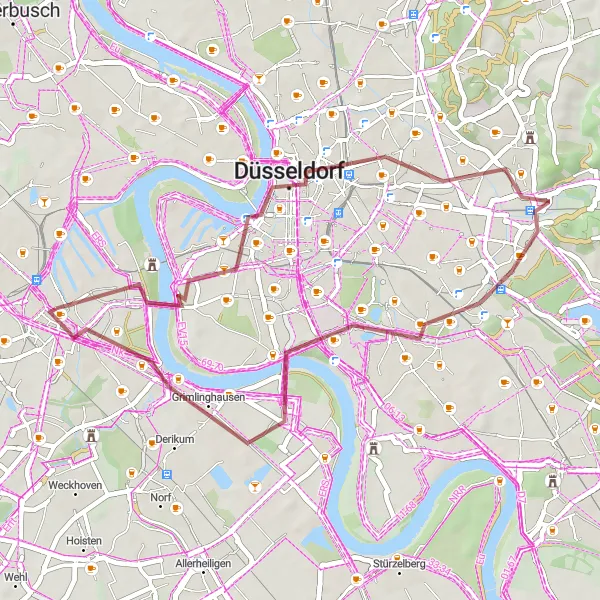 Map miniature of "Rhine Tower Loop via Dusseldorf and Wersten" cycling inspiration in Düsseldorf, Germany. Generated by Tarmacs.app cycling route planner