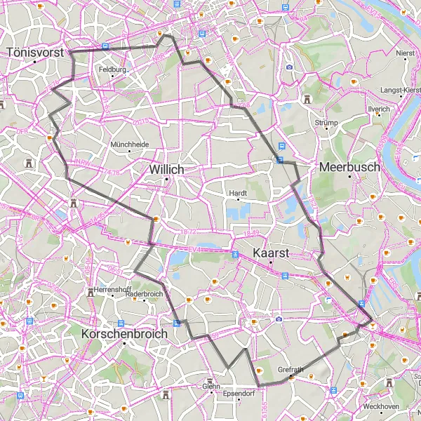 Map miniature of "Grefrath and Schiefbahn Circuit" cycling inspiration in Düsseldorf, Germany. Generated by Tarmacs.app cycling route planner