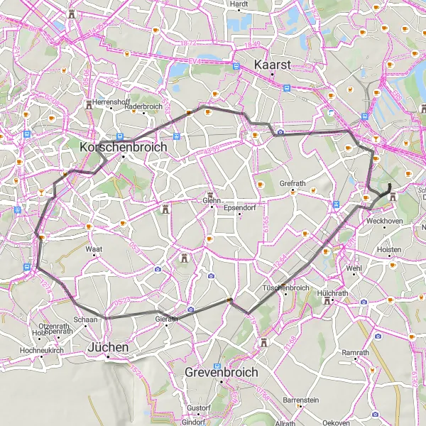 Karten-Miniaturansicht der Radinspiration "Korschenbroich-Runde" in Düsseldorf, Germany. Erstellt vom Tarmacs.app-Routenplaner für Radtouren