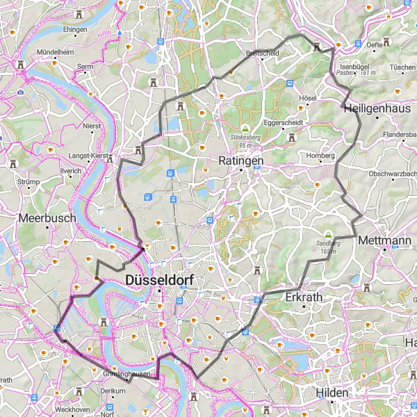 Map miniature of "Kaiserswerth Circuit via Steinberg and Kettwig" cycling inspiration in Düsseldorf, Germany. Generated by Tarmacs.app cycling route planner