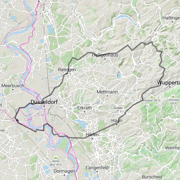 Map miniature of "Panoramic Route through Stunning Landscapes" cycling inspiration in Düsseldorf, Germany. Generated by Tarmacs.app cycling route planner