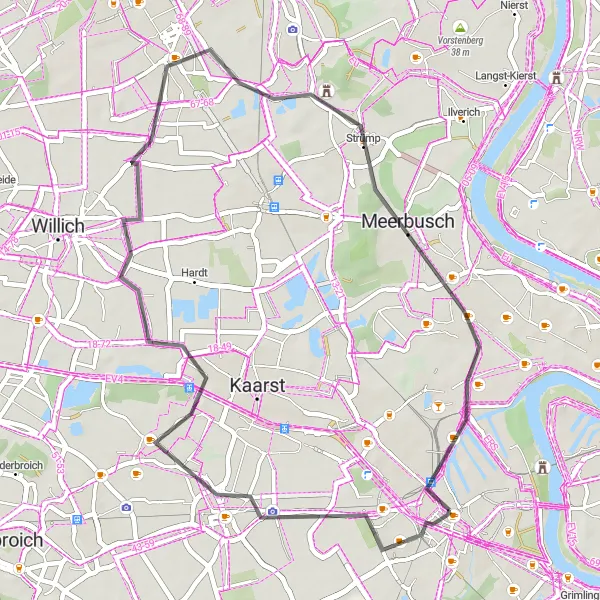 Map miniature of "Büttgen Loop via Fischeln and Meerbusch" cycling inspiration in Düsseldorf, Germany. Generated by Tarmacs.app cycling route planner