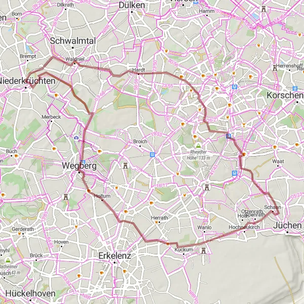 Map miniature of "Conquer the Gravel Paths of Niederkrüchten" cycling inspiration in Düsseldorf, Germany. Generated by Tarmacs.app cycling route planner