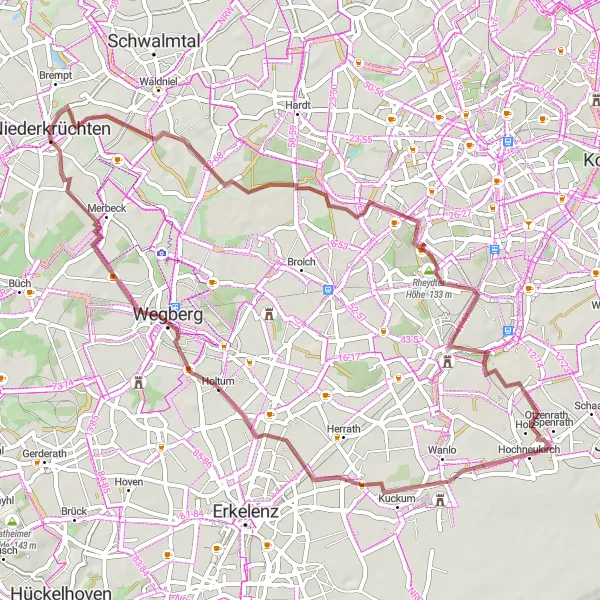 Map miniature of "Embark on a Gravel Adventure Though Niederkrüchten" cycling inspiration in Düsseldorf, Germany. Generated by Tarmacs.app cycling route planner