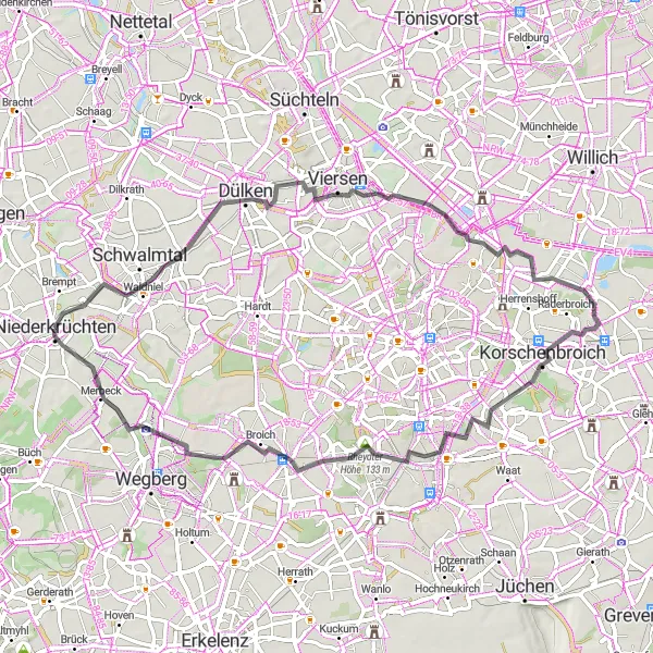 Karten-Miniaturansicht der Radinspiration "Waldniel und Nordkanal Rundweg" in Düsseldorf, Germany. Erstellt vom Tarmacs.app-Routenplaner für Radtouren