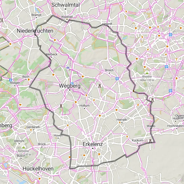 Map miniature of "Discover the Forest Wonderland of Niederkrüchten" cycling inspiration in Düsseldorf, Germany. Generated by Tarmacs.app cycling route planner