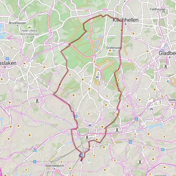 Map miniature of "Exploring the Gravel Paths of Oberhausen" cycling inspiration in Düsseldorf, Germany. Generated by Tarmacs.app cycling route planner