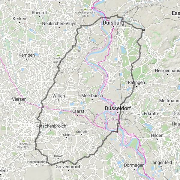 Map miniature of "Oberhausen to Neersen Loop" cycling inspiration in Düsseldorf, Germany. Generated by Tarmacs.app cycling route planner