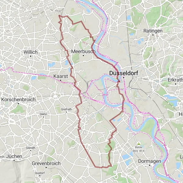 Map miniature of "Rhine Tower Gravel Adventure" cycling inspiration in Düsseldorf, Germany. Generated by Tarmacs.app cycling route planner