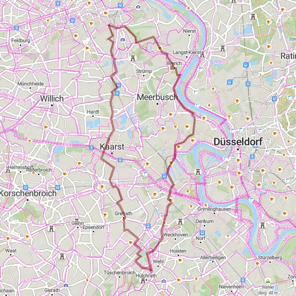 Map miniature of "Ilverich Gravel Loop" cycling inspiration in Düsseldorf, Germany. Generated by Tarmacs.app cycling route planner
