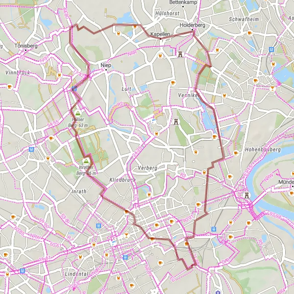 Map miniature of "Gravel Exploration" cycling inspiration in Düsseldorf, Germany. Generated by Tarmacs.app cycling route planner