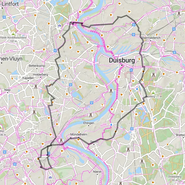 Map miniature of "River Adventure" cycling inspiration in Düsseldorf, Germany. Generated by Tarmacs.app cycling route planner