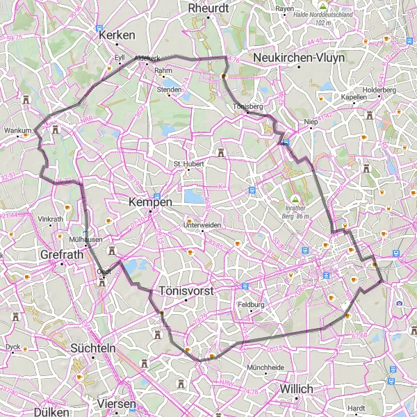 Map miniature of "Fischeln Road Loop" cycling inspiration in Düsseldorf, Germany. Generated by Tarmacs.app cycling route planner