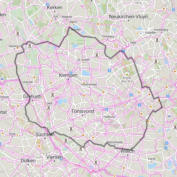 Map miniature of "Through Nature's Path" cycling inspiration in Düsseldorf, Germany. Generated by Tarmacs.app cycling route planner