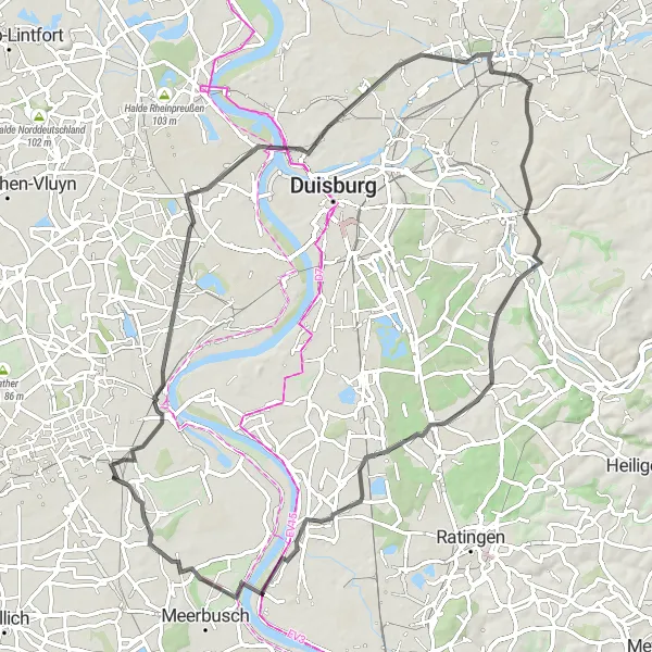 Map miniature of "Rheinpreußen Road Loop" cycling inspiration in Düsseldorf, Germany. Generated by Tarmacs.app cycling route planner