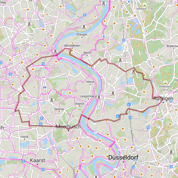 Map miniature of "Scenic Gravel Ride from Ratingen" cycling inspiration in Düsseldorf, Germany. Generated by Tarmacs.app cycling route planner