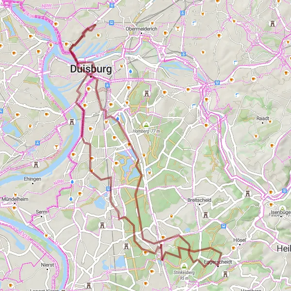 Map miniature of "Scenic Gravel Ride in Ratingen's Surroundings" cycling inspiration in Düsseldorf, Germany. Generated by Tarmacs.app cycling route planner