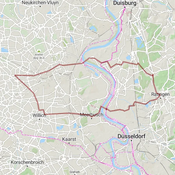 Map miniature of "Exploring the Gravel Paths of Ratingen" cycling inspiration in Düsseldorf, Germany. Generated by Tarmacs.app cycling route planner