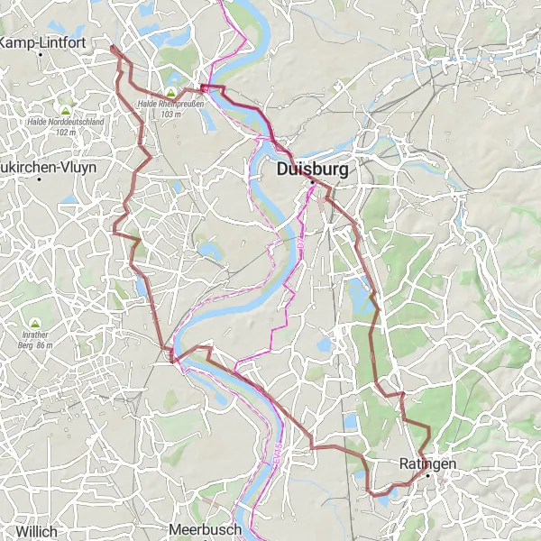 Map miniature of "Düsseldorf to Duisburg Gravel Ride" cycling inspiration in Düsseldorf, Germany. Generated by Tarmacs.app cycling route planner