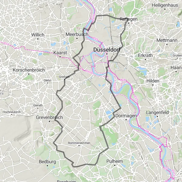 Map miniature of "Ratingen to Kaiserswerth Loop" cycling inspiration in Düsseldorf, Germany. Generated by Tarmacs.app cycling route planner