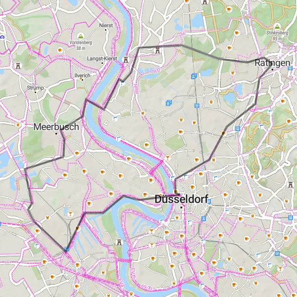 Map miniature of "Ratingen to Meerbusch Loop" cycling inspiration in Düsseldorf, Germany. Generated by Tarmacs.app cycling route planner