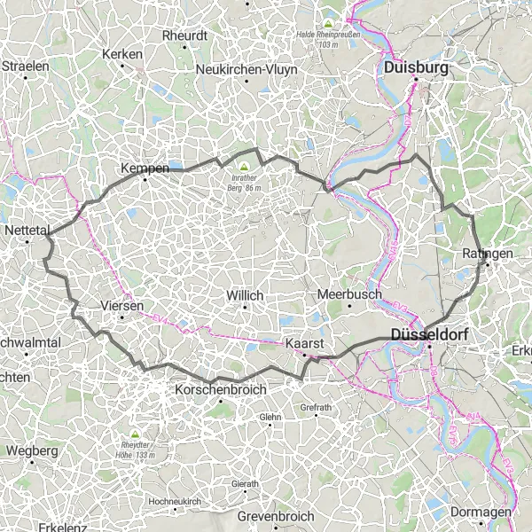 Map miniature of "Ratingen to Kempen Road Cycling Excursion" cycling inspiration in Düsseldorf, Germany. Generated by Tarmacs.app cycling route planner