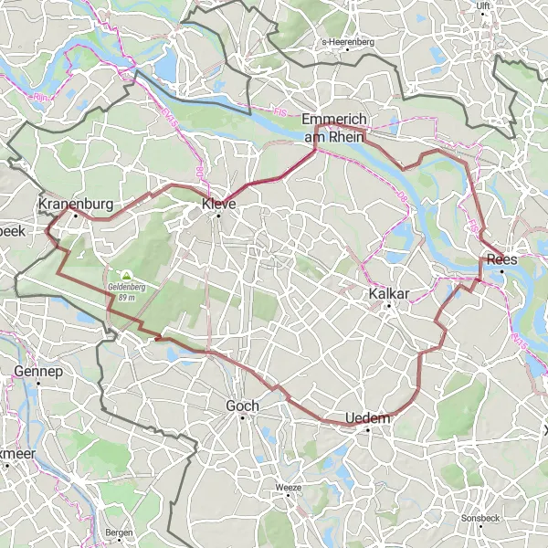 Map miniature of "Rees to Sternberg Gravel Route" cycling inspiration in Düsseldorf, Germany. Generated by Tarmacs.app cycling route planner
