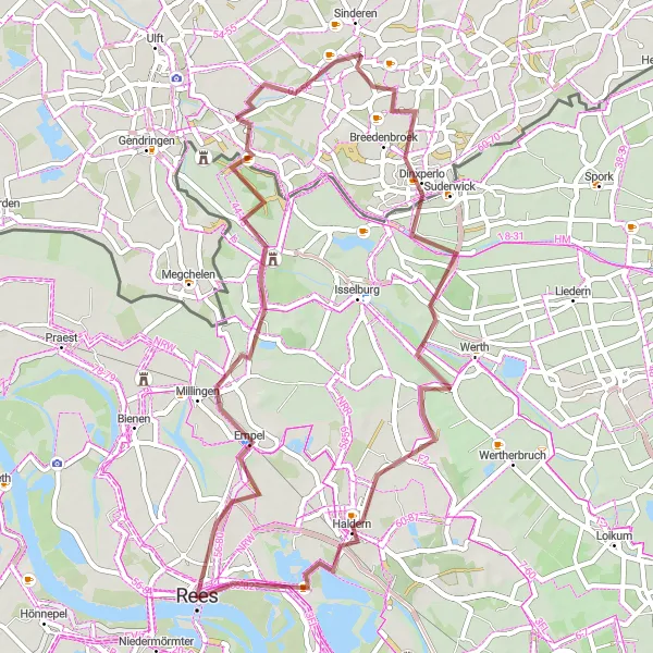 Map miniature of "Rees Loop via Haldern" cycling inspiration in Düsseldorf, Germany. Generated by Tarmacs.app cycling route planner