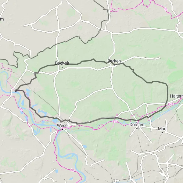 Map miniature of "Rhine-Heathland Route" cycling inspiration in Düsseldorf, Germany. Generated by Tarmacs.app cycling route planner