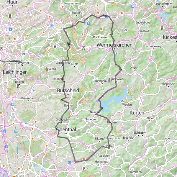 Map miniature of "The Bergisch Gladbach Challenge" cycling inspiration in Düsseldorf, Germany. Generated by Tarmacs.app cycling route planner