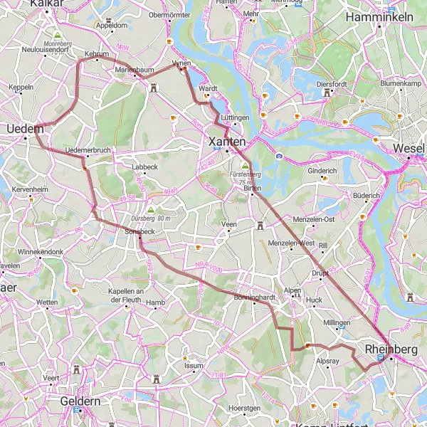 Karten-Miniaturansicht der Radinspiration "Gravel-Abenteuer um Rheinberg" in Düsseldorf, Germany. Erstellt vom Tarmacs.app-Routenplaner für Radtouren