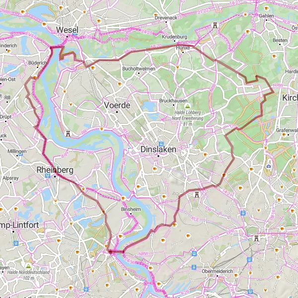 Map miniature of "Rheinberg to Brückenpfeiler" cycling inspiration in Düsseldorf, Germany. Generated by Tarmacs.app cycling route planner