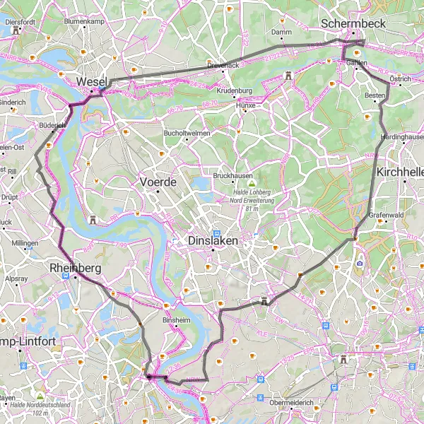 Map miniature of "Rheinberg Adventures" cycling inspiration in Düsseldorf, Germany. Generated by Tarmacs.app cycling route planner