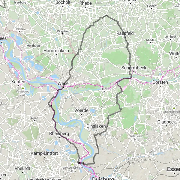 Karten-Miniaturansicht der Radinspiration "Rund um Rheinberg und Raesfeld" in Düsseldorf, Germany. Erstellt vom Tarmacs.app-Routenplaner für Radtouren