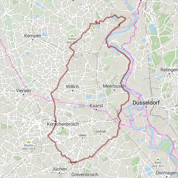 Map miniature of "Historical Gravel Ride" cycling inspiration in Düsseldorf, Germany. Generated by Tarmacs.app cycling route planner