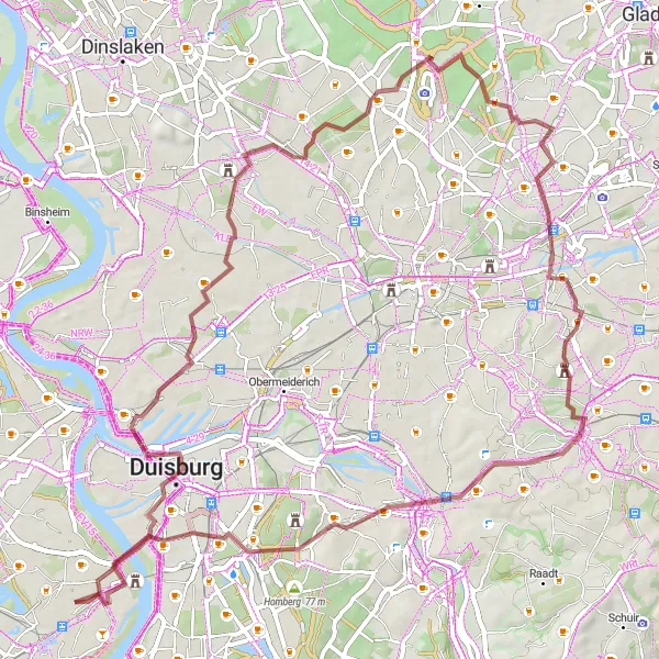 Karten-Miniaturansicht der Radinspiration "Rheinhausen Gravel Abenteuer" in Düsseldorf, Germany. Erstellt vom Tarmacs.app-Routenplaner für Radtouren