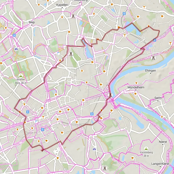 Karten-Miniaturansicht der Radinspiration "Rheinhausen Gravel Tour" in Düsseldorf, Germany. Erstellt vom Tarmacs.app-Routenplaner für Radtouren