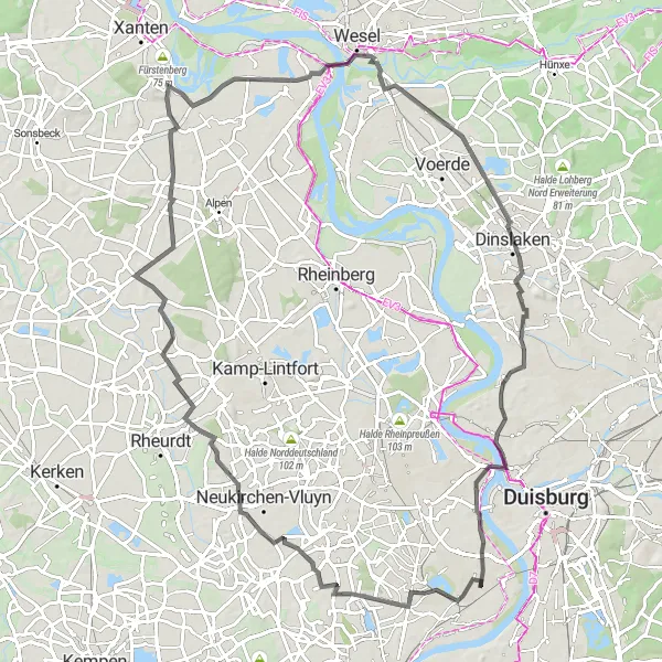 Map miniature of "Riverside Escape" cycling inspiration in Düsseldorf, Germany. Generated by Tarmacs.app cycling route planner