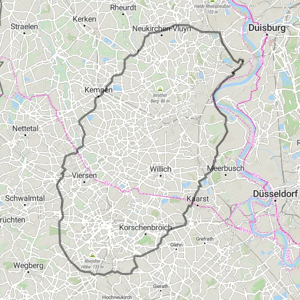Map miniature of "Riverside Magic: Uerdinger Burg to Rheinhausen" cycling inspiration in Düsseldorf, Germany. Generated by Tarmacs.app cycling route planner
