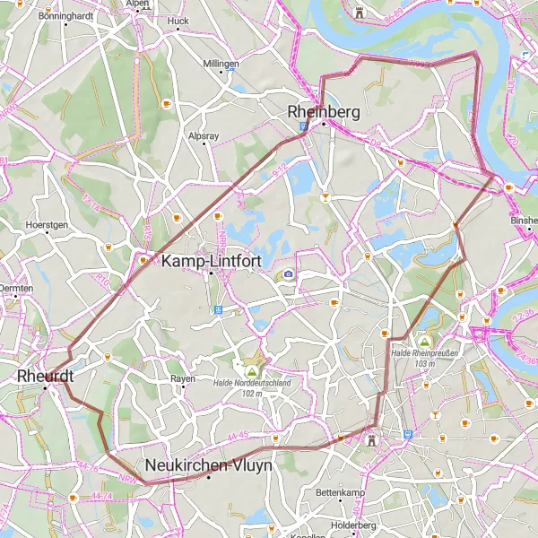 Map miniature of "Exploring the Rheinberg Countryside" cycling inspiration in Düsseldorf, Germany. Generated by Tarmacs.app cycling route planner