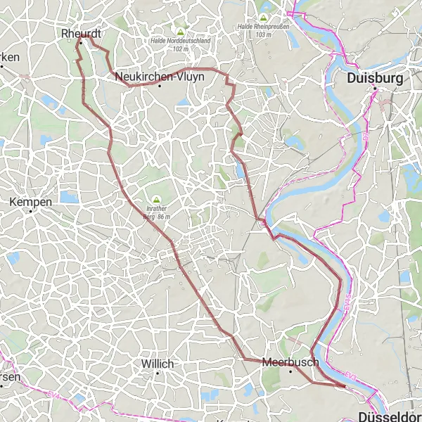 Map miniature of "The Gravel Adventure" cycling inspiration in Düsseldorf, Germany. Generated by Tarmacs.app cycling route planner