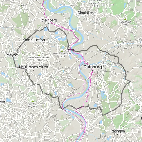 Map miniature of "The Road Cycling Experience" cycling inspiration in Düsseldorf, Germany. Generated by Tarmacs.app cycling route planner