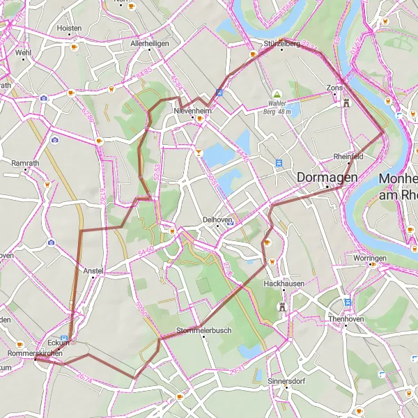 Map miniature of "The Rommerskirchen Gravel Adventure" cycling inspiration in Düsseldorf, Germany. Generated by Tarmacs.app cycling route planner
