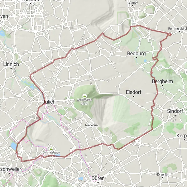 Map miniature of "Zieverich Gravel Adventure" cycling inspiration in Düsseldorf, Germany. Generated by Tarmacs.app cycling route planner